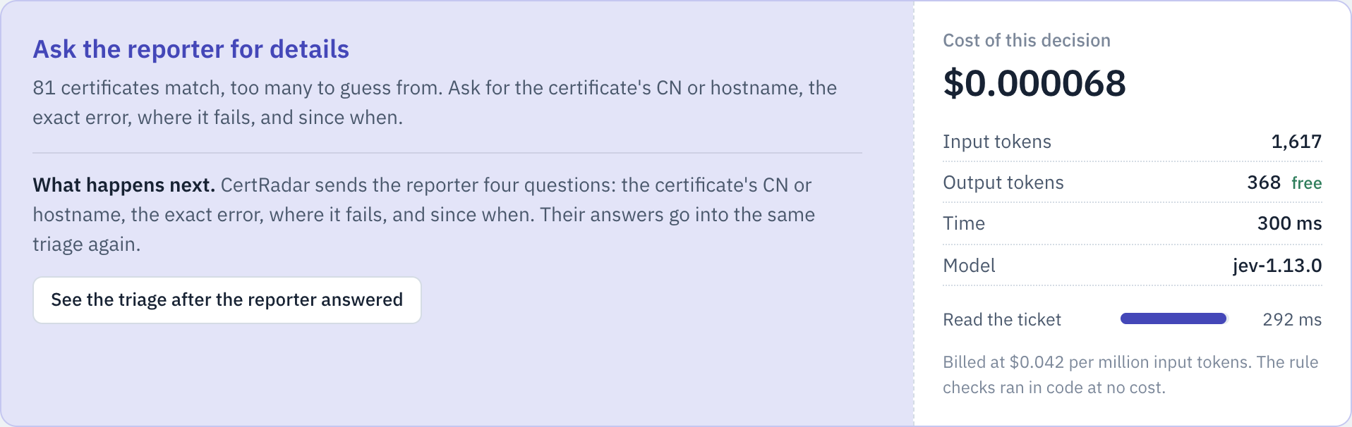 Triage outcome reading: 81 certificates match, too many to guess from. Ask for the certificate's CN or hostname, the exact error, where it fails, and since when.